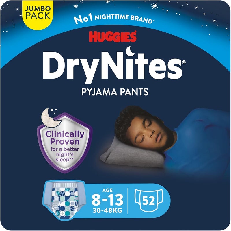 Huggies DryNites Pyjama Pants, 8-13 years, Bed Wetting Diaper, Boys, 30-48 kg, 4 x Jumbo Pack, 52 Pants - Image 1